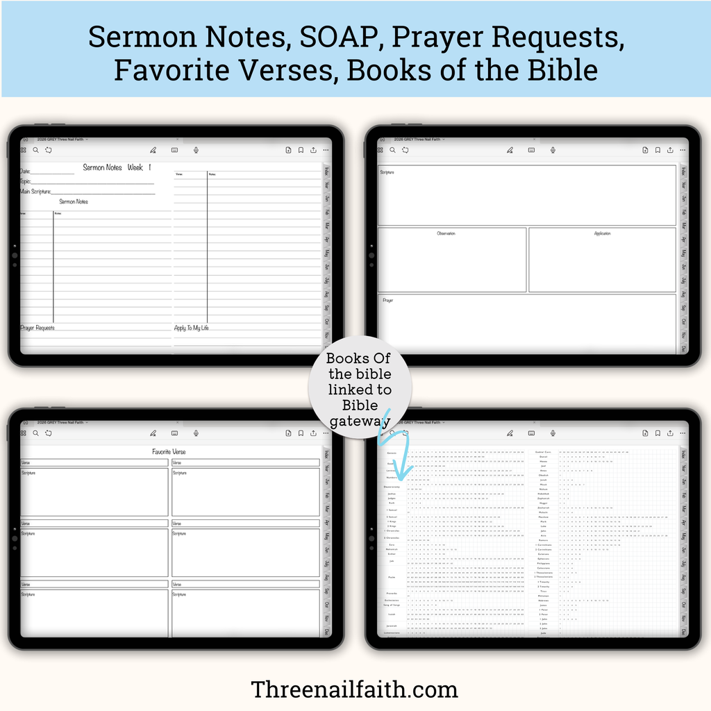 screen shots of sermon notes, SOAP, favorite verses, books of the bible pages