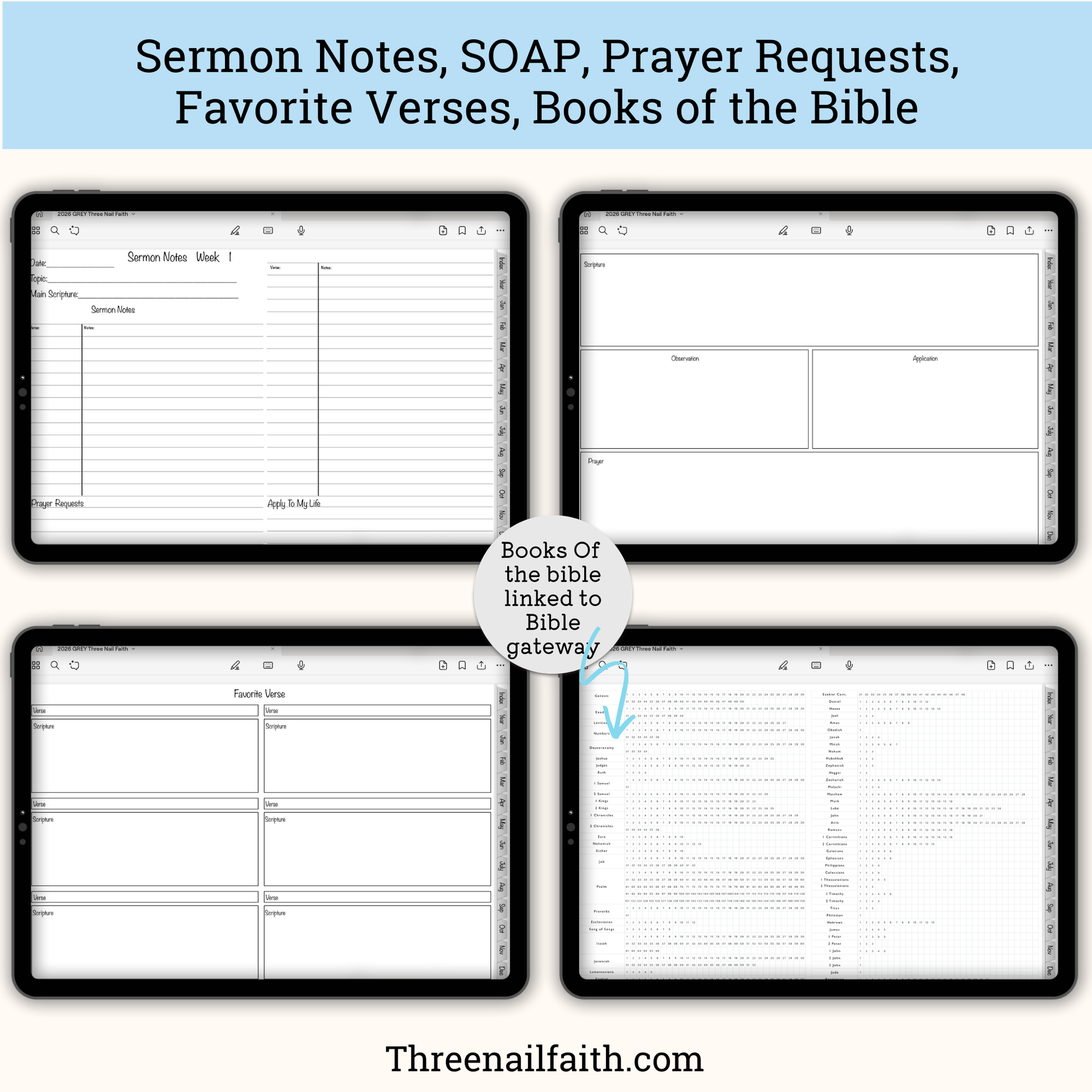 screen shots of sermon notes, SOAP, favorite verses, books of the bible pages