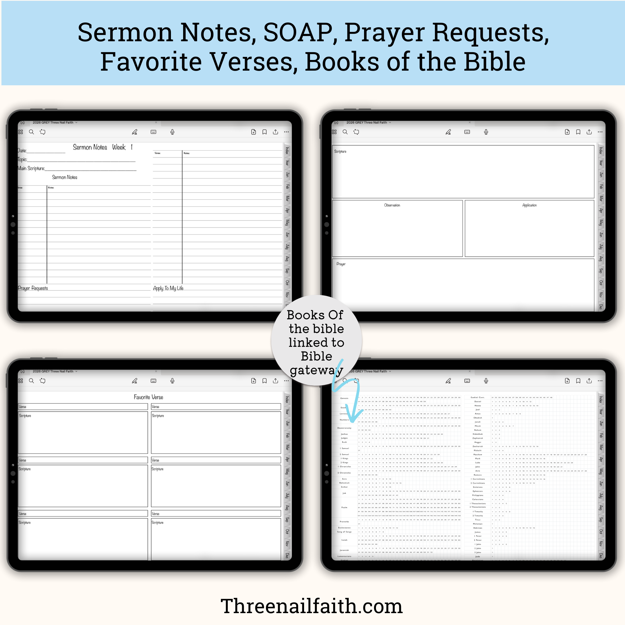 screen shots of sermon notes, SOAP, favorite verses, books of the bible pages