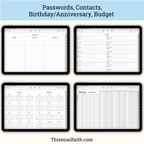 screen shots of passwords, contacts, birthday, and budget pages