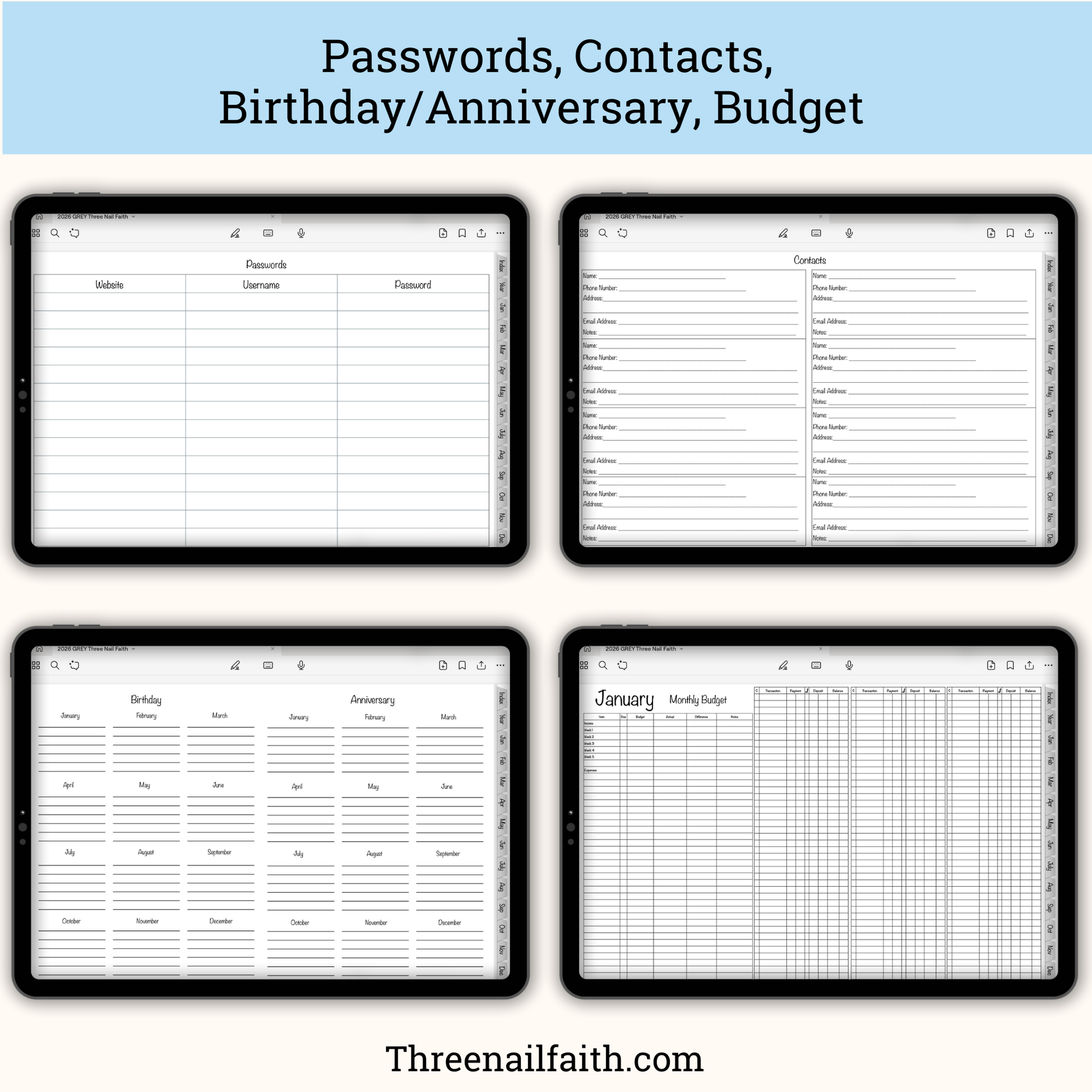 screen shots of passwords, contacts, birthday, and budget pages