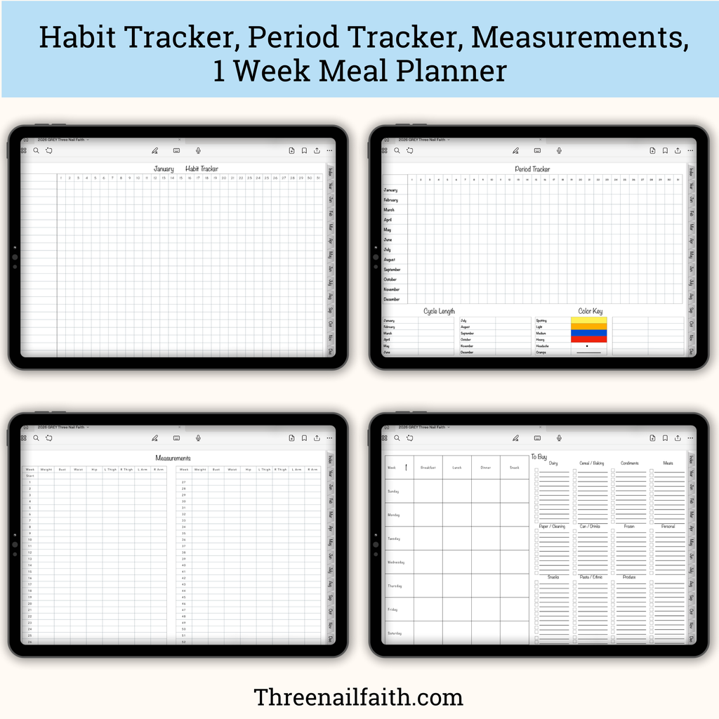 screen shots of habit tracker, period tracker, measurements, and meal planner pages 