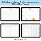 screen shots of habit tracker, period tracker, measurements, and meal planner pages 