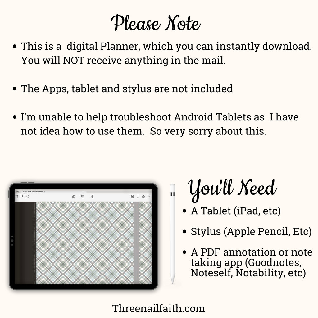 This is a digital planner so nothing will be mailed to you, This is an instant download, You will need A tablet, stylus, and annotation app to use this planner these items are not included with purchase 