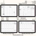 Pages inside the planner, Month, daily page, and sunday and monday start weekly pages