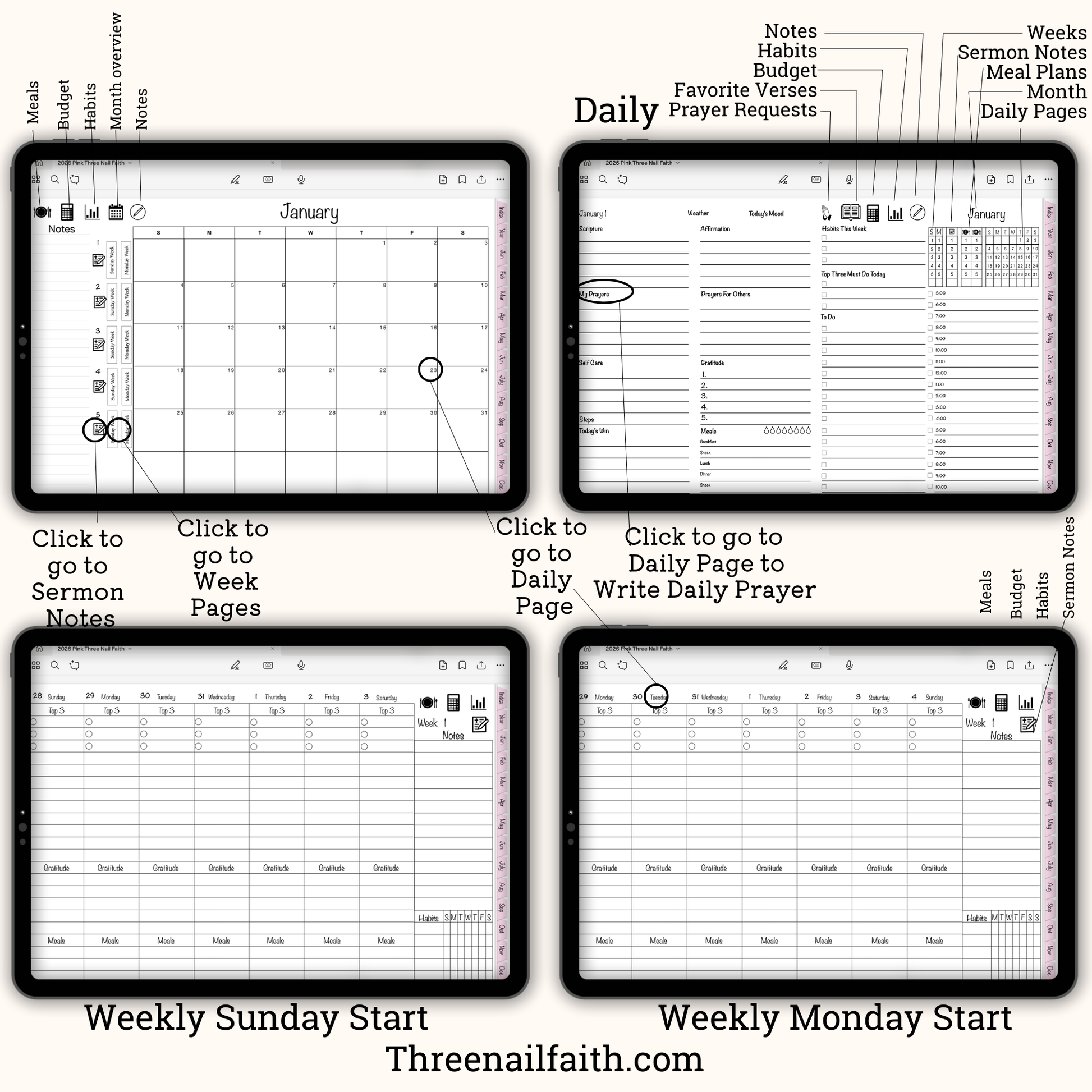 Pages inside the planner, Month, daily page, and sunday and monday start weekly pages