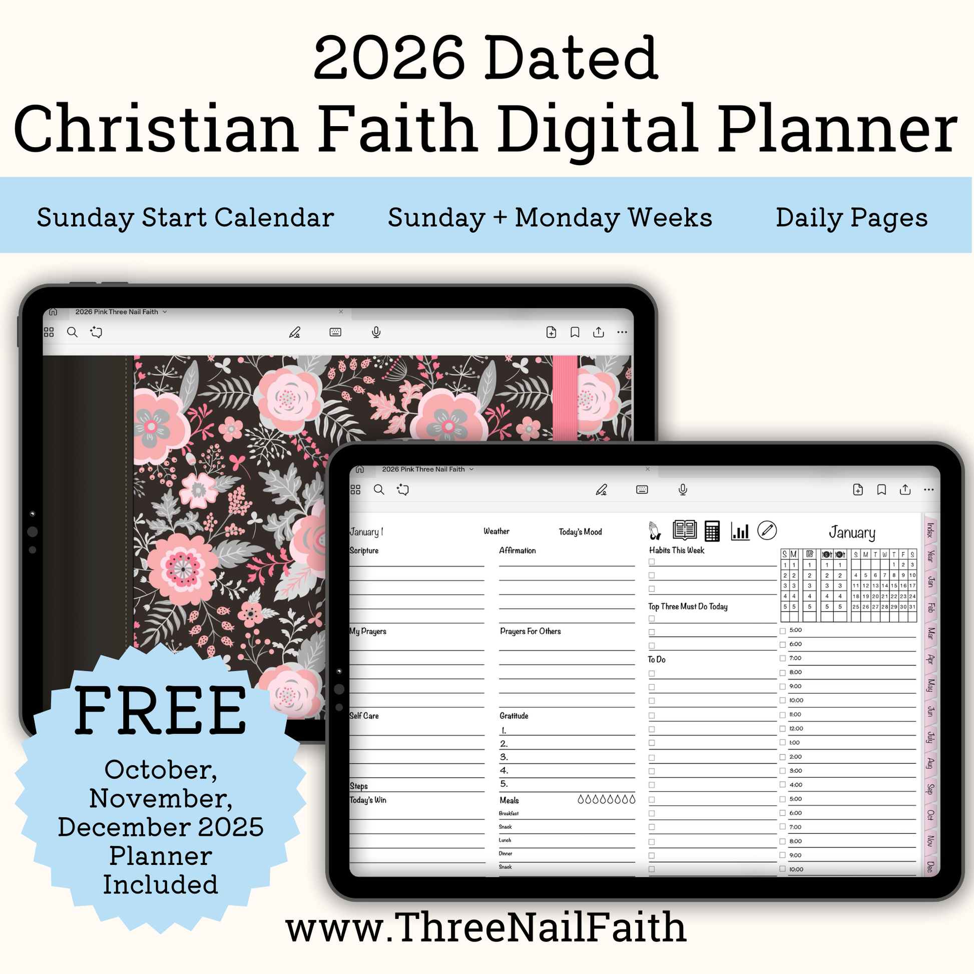 2026 Digital Christian Faith Planner, Sunday start calendar, sunday and monday start weeklies, daily pages