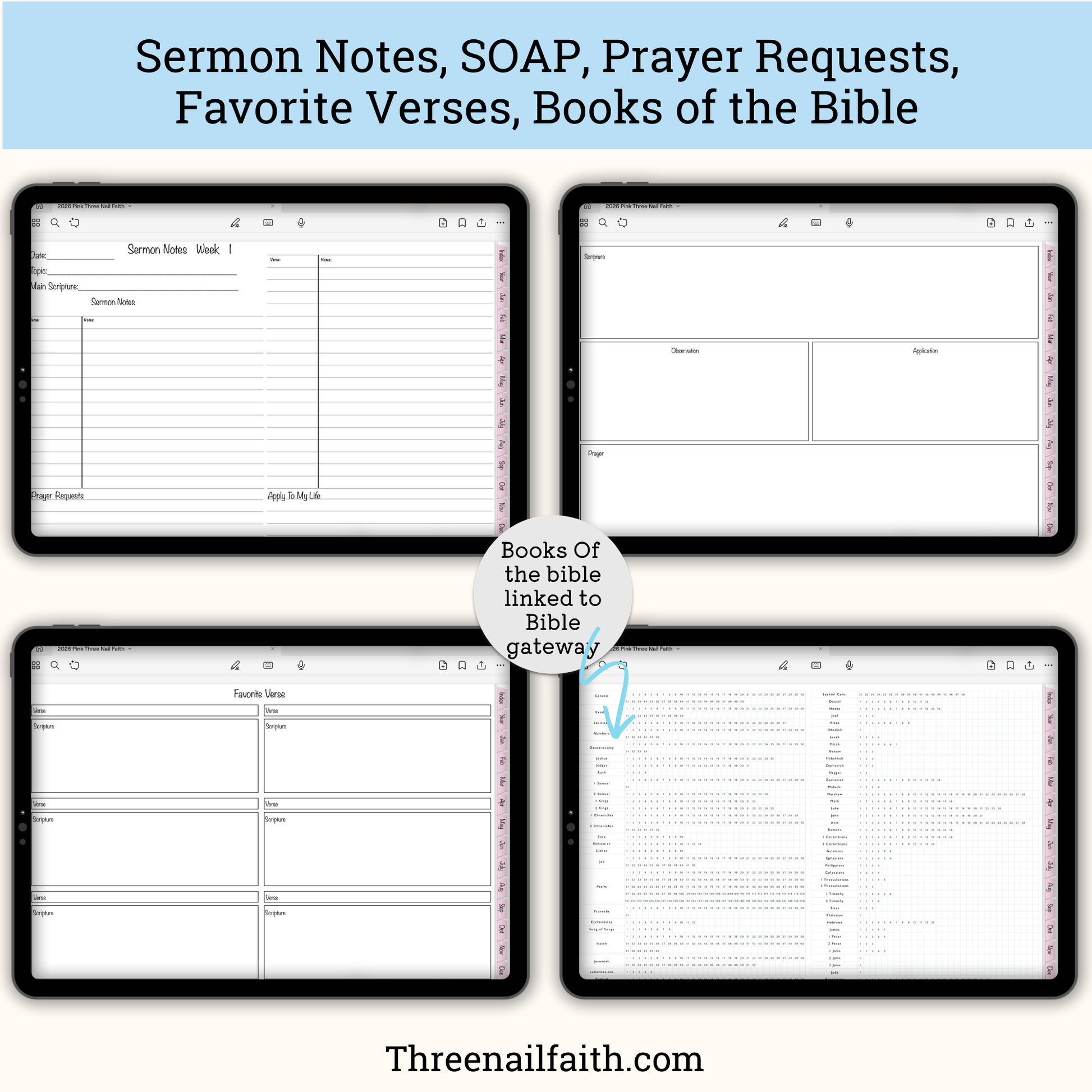 Screen shots of sermon notes, SOAP page, prayer requests, favorite vereses, books of the bible 