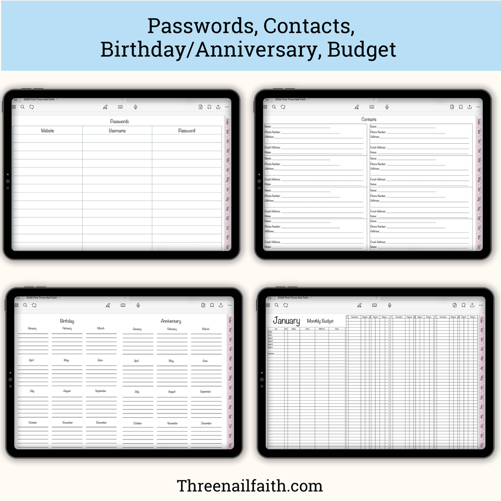 screen shots of pages, passwords, contacts, birthday, and budget
