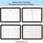 screen shots of pages, passwords, contacts, birthday, and budget