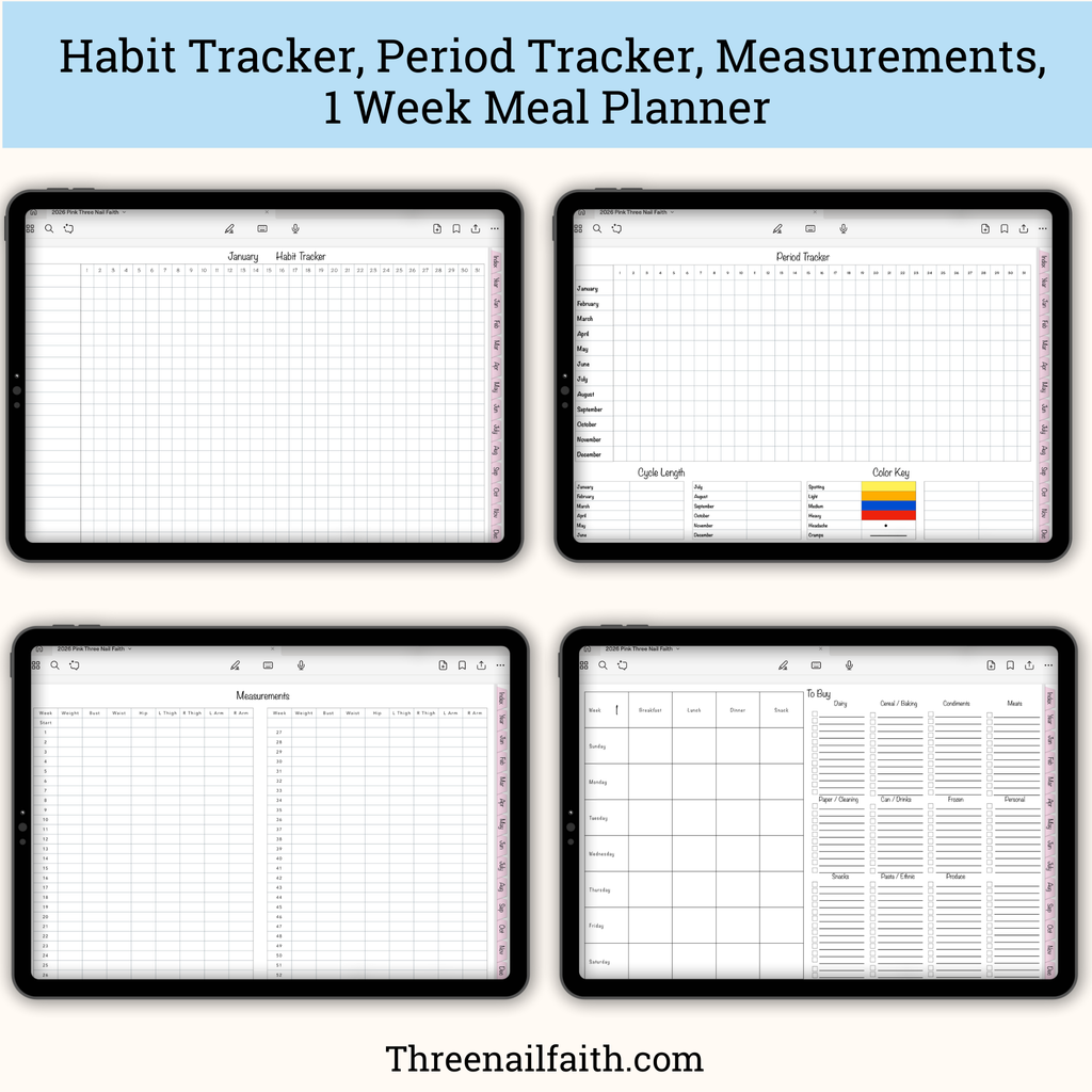 screen shots of pages, habit tracker, period tracker, measurements, meal planner 