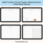screen shots of pages, habit tracker, period tracker, measurements, meal planner 