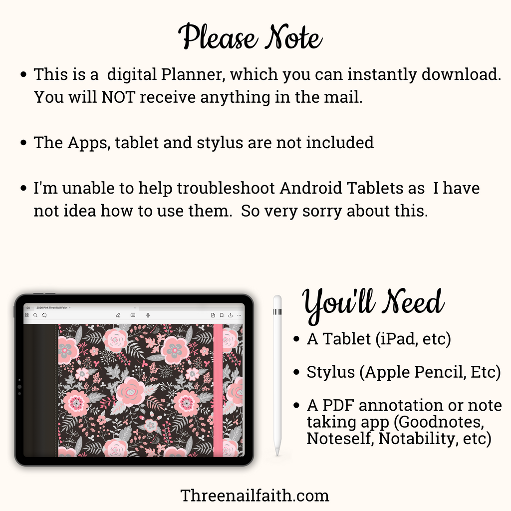 this product is a digital download, nothing will  be shipped to you. Apps, tablets and stylus are not included in purchase.  you will need a tablet, stylus and annotation app to use this planner. 