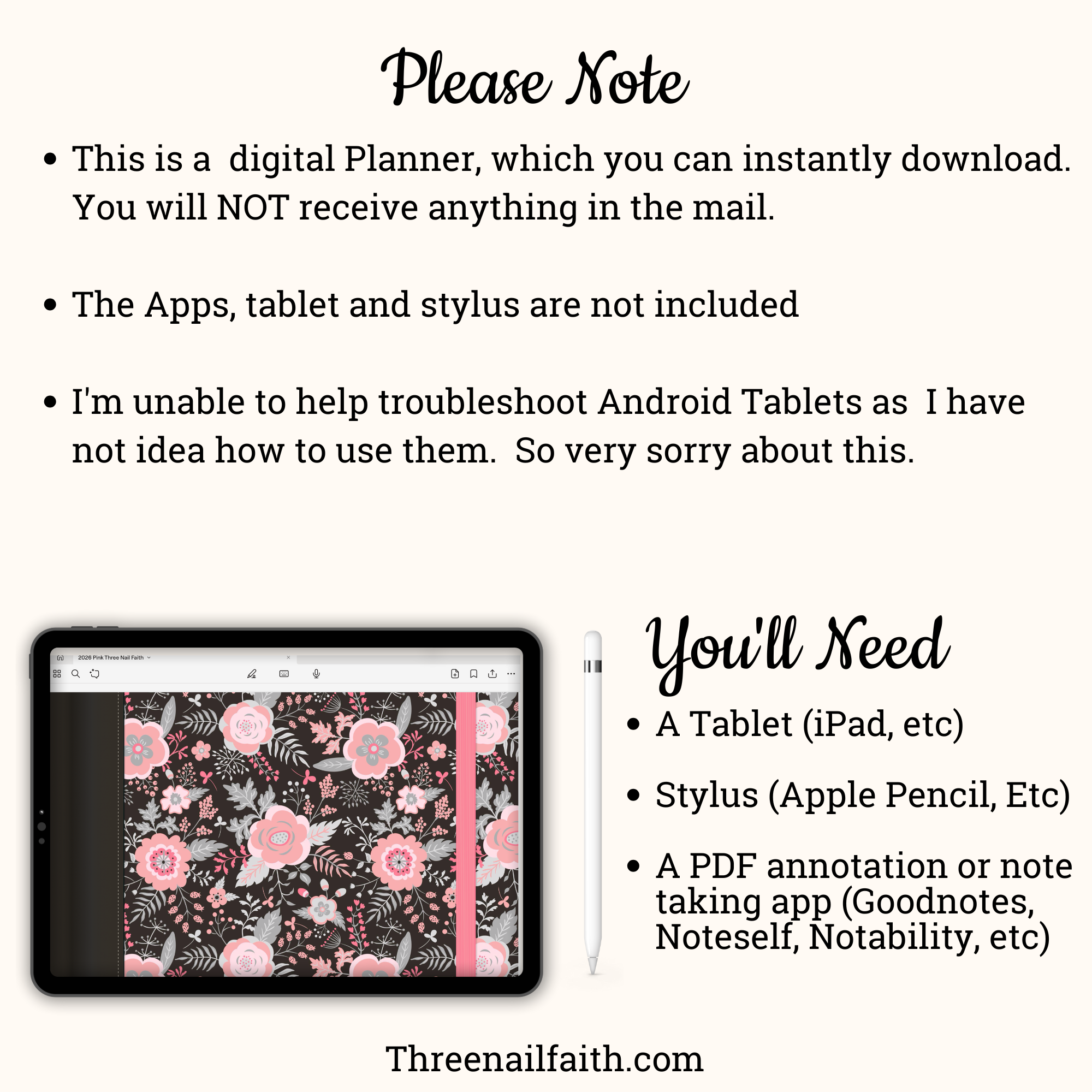 this product is a digital download, nothing will  be shipped to you. Apps, tablets and stylus are not included in purchase.  you will need a tablet, stylus and annotation app to use this planner. 