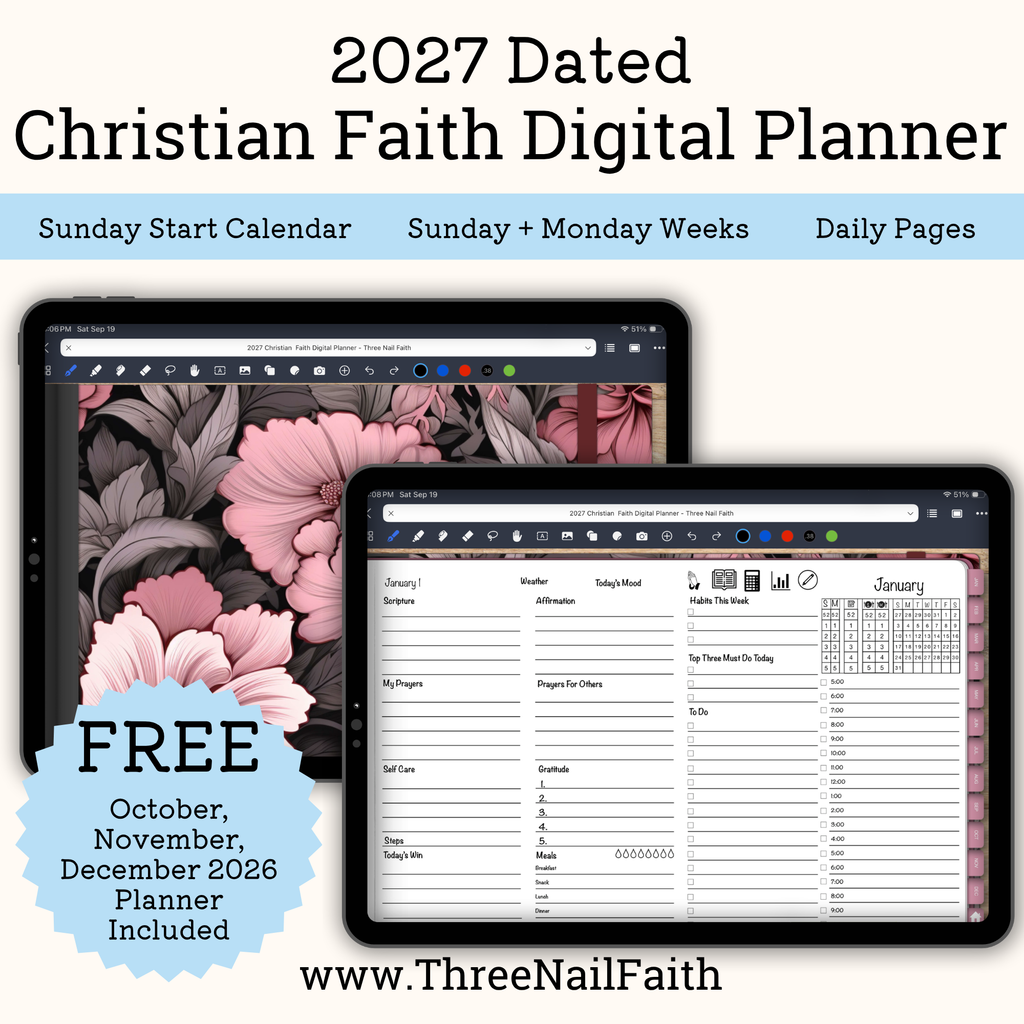 Digital product listing graphic for a 2027 Dated Christian Faith Digital Planner. The image shows two tablet mockups displaying the planner's cover design with pink floral artwork and interior daily/weekly pages.