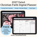 Digital product listing graphic for a 2027 Dated Christian Faith Digital Planner. The image shows two tablet mockups displaying the planner's cover design with pink floral artwork and interior daily/weekly pages.