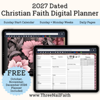 Digital product listing graphic for a 2027 Dated Christian Faith Digital Planner. The image shows two tablet mockups displaying the planner's cover design with pink floral artwork and interior daily/weekly pages.