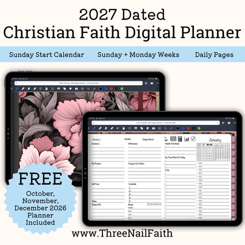 Digital product listing graphic for a 2027 Dated Christian Faith Digital Planner. The image shows two tablet mockups displaying the planner's cover design with pink floral artwork and interior daily/weekly pages.