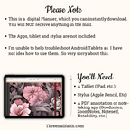 This is a digital download so nothing will be mailed to you.  You will need a tablet, a stylus, and an annotation app to be able to use this planner,  These items are not included with purchase 