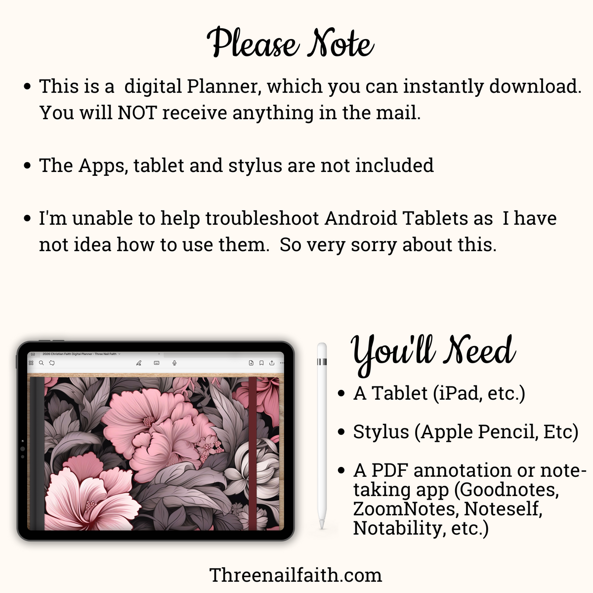 This is a digital download so nothing will be mailed to you.  You will need a tablet, a stylus, and an annotation app to be able to use this planner,  These items are not included with purchase 