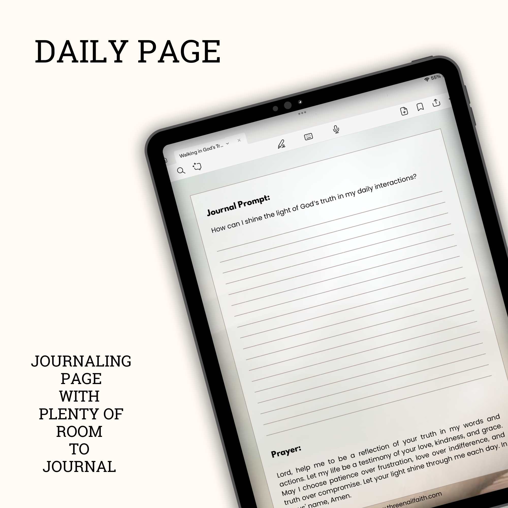 Each day has a journal prompt and room to journal and a prayer