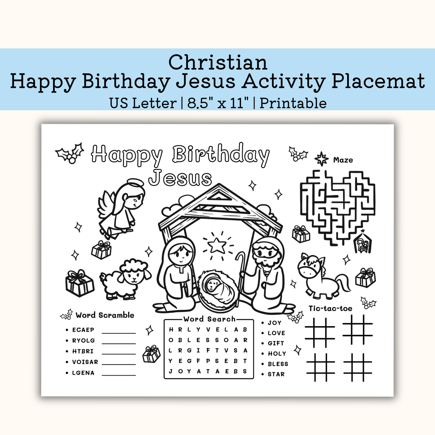 Printable Happy Birthday Jesus Christmas Activity Placemat