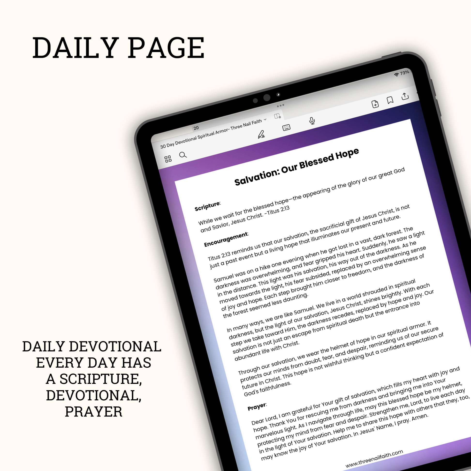 daily page of devotional. each page has a scripture, devotional, and prayer