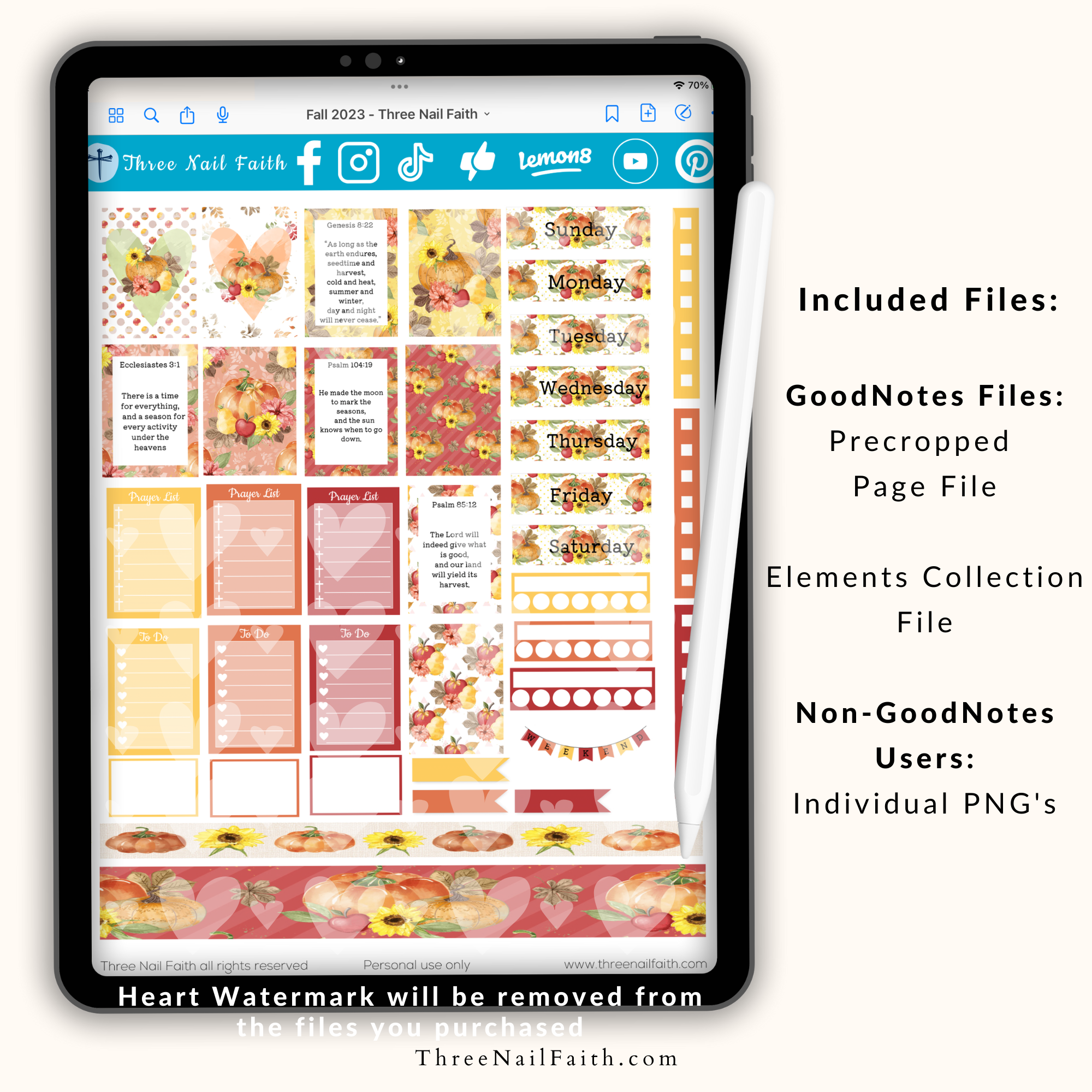 a close view of the first page of Fall with pumpkins digital planner sticker set with 119 digital stickers with a Christian theme