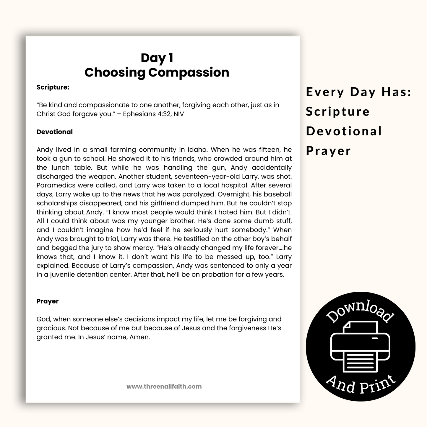 daily page of Forgiveness 30-Day PRINTABLE Devotional Journal each page has a scripture, devotional and prayer