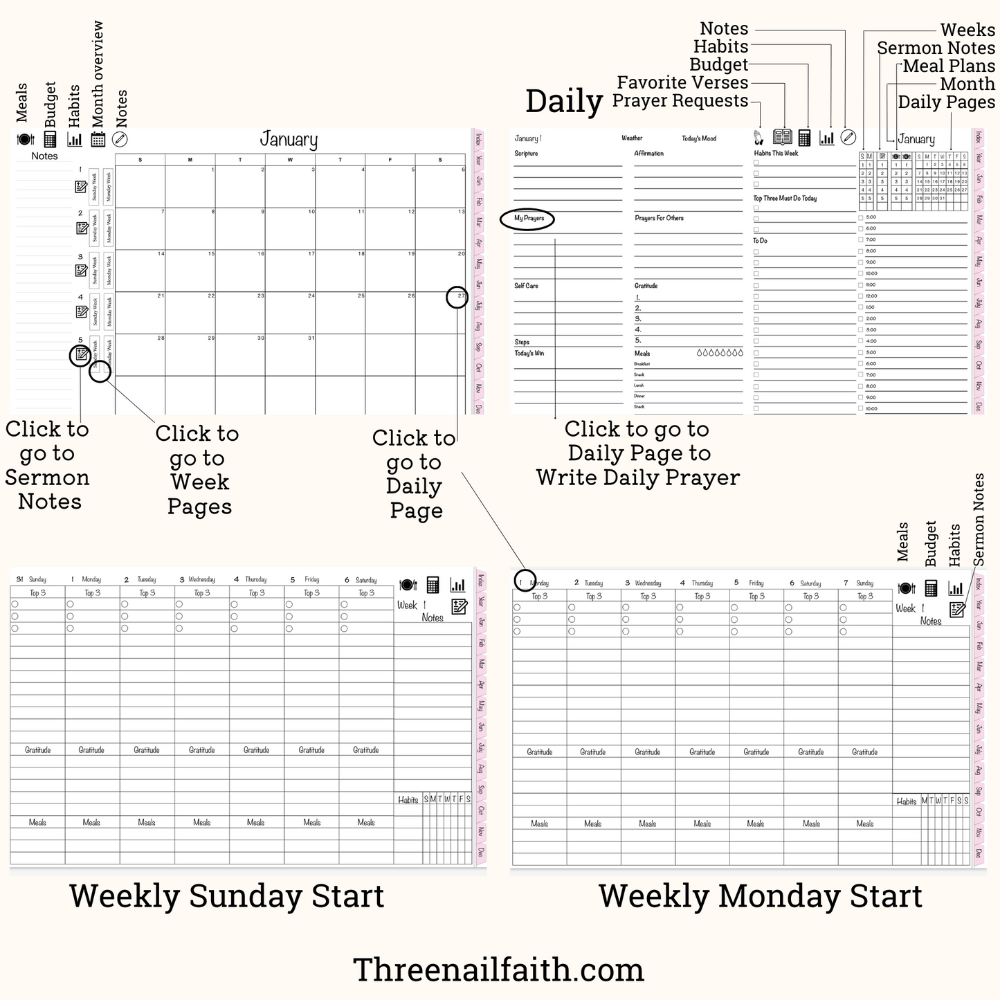 Pages of the 2024 Christian Faith Dated Digital Planner