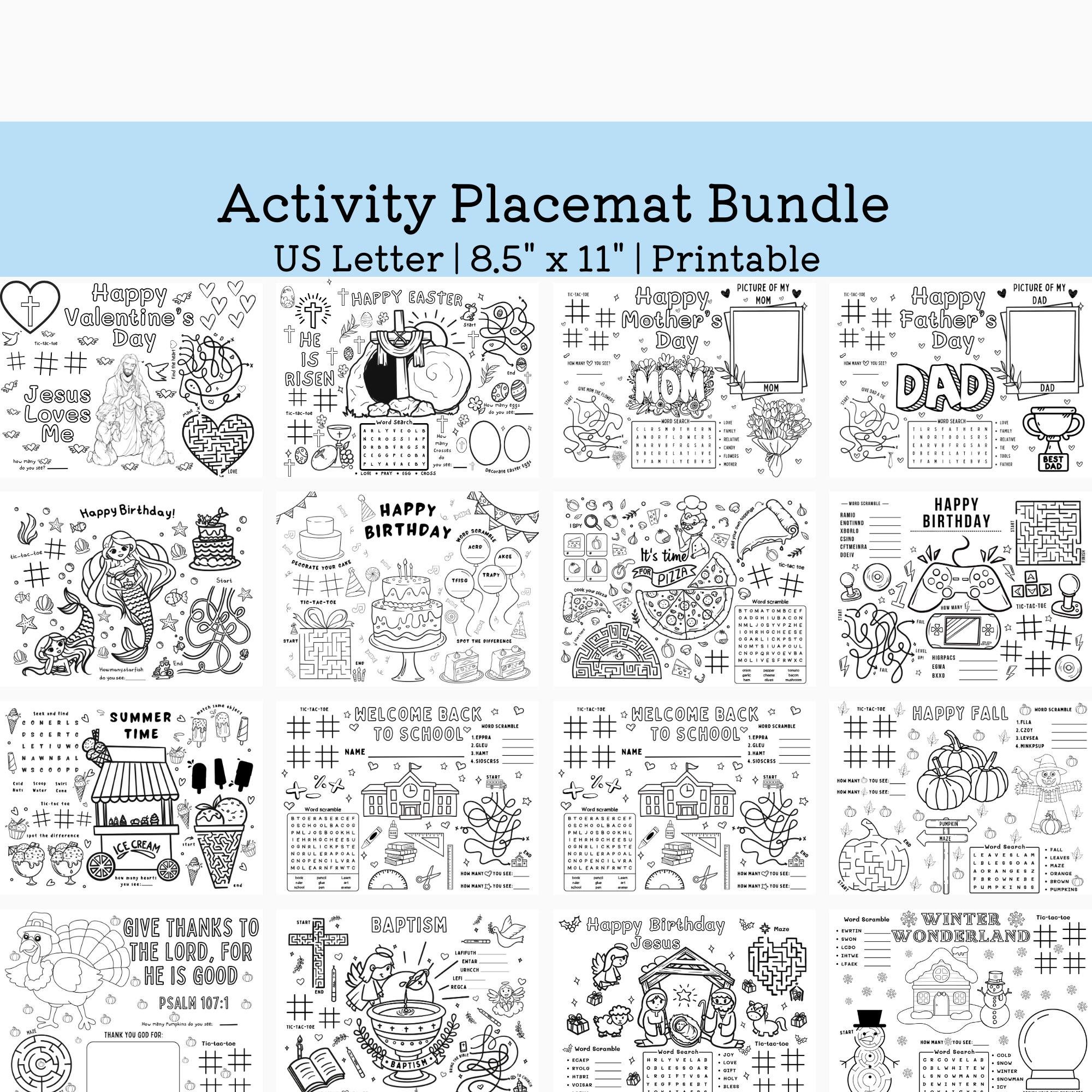 Activity Placemat bundle with 18 different activity mats