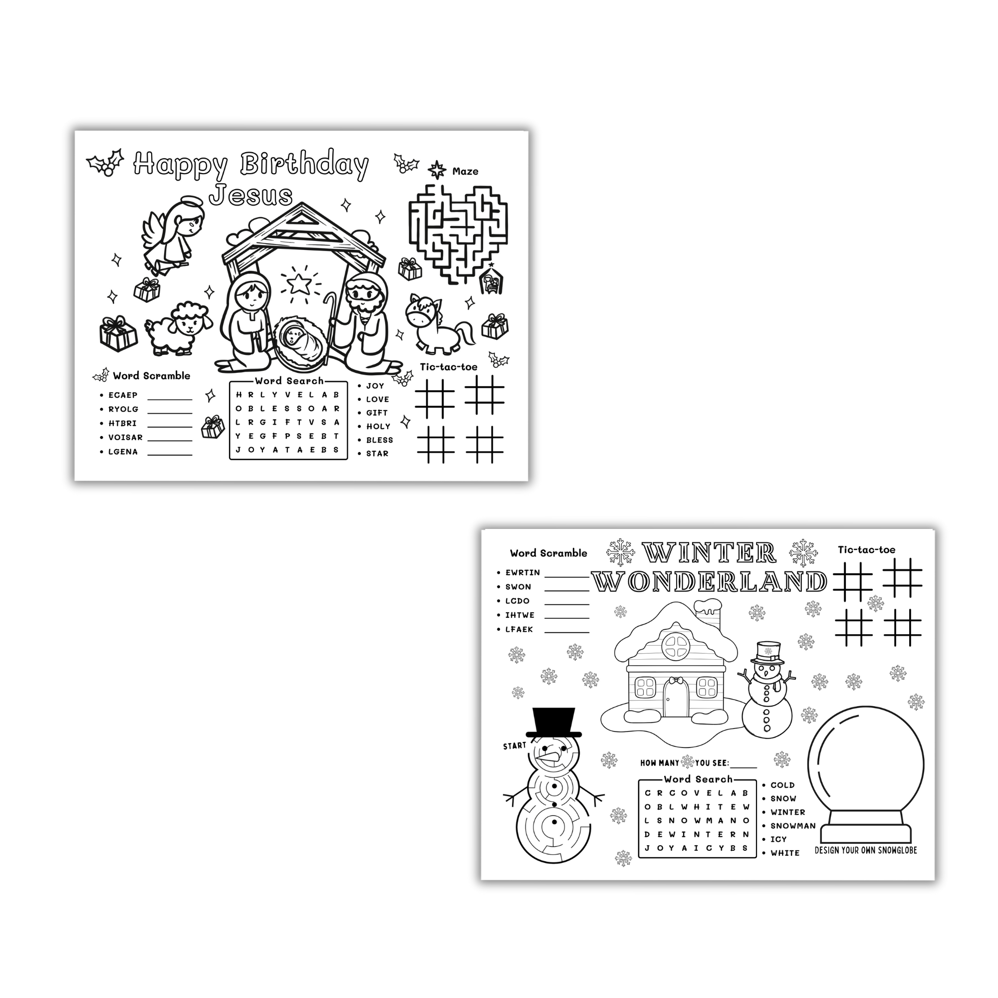 happy birthday jesus and winter wonderland activity placemats