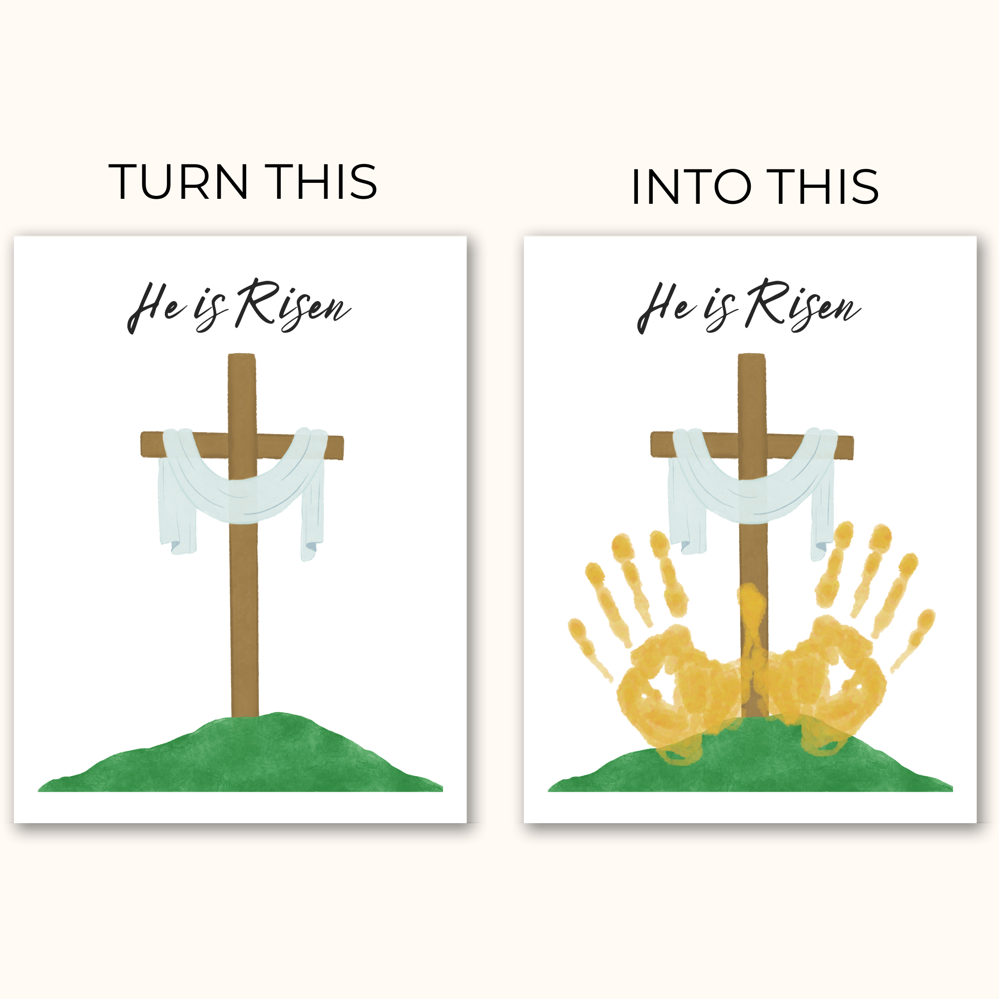 turn print on the left into the print on the right by adding your childs handprints.