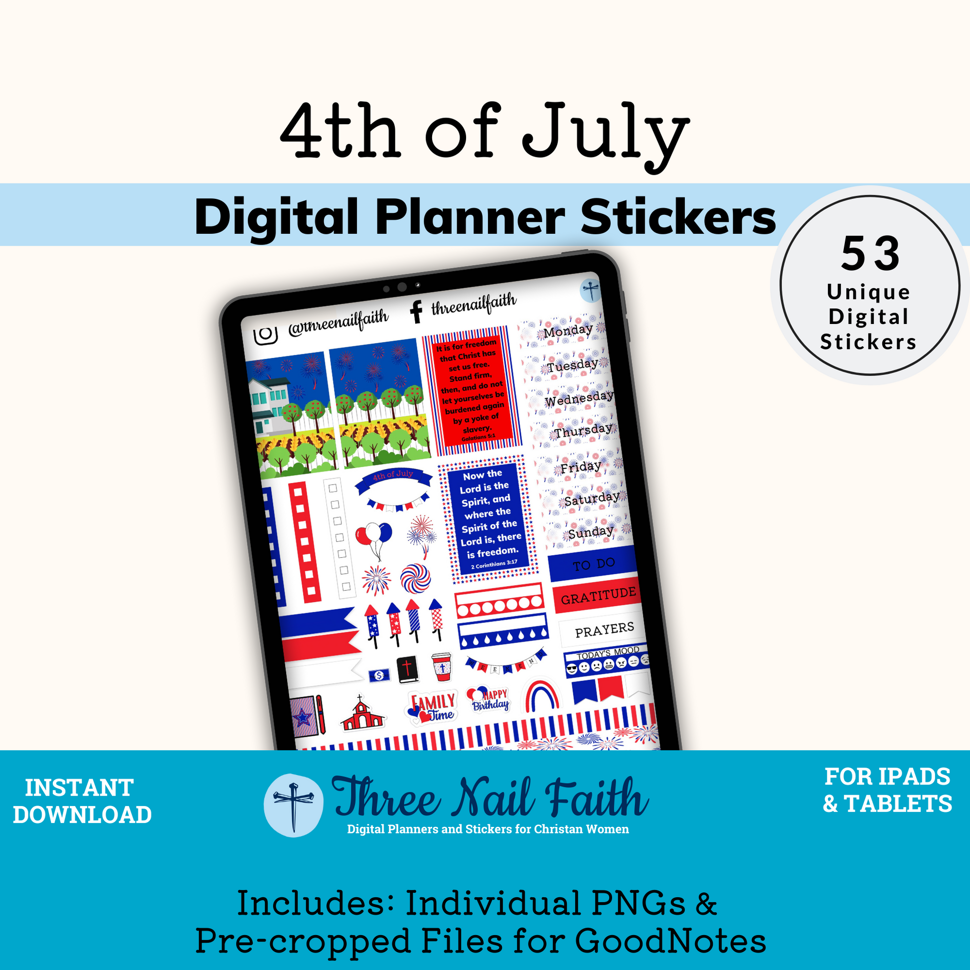 4th of July Digital sticker kit with 53 digital stickers