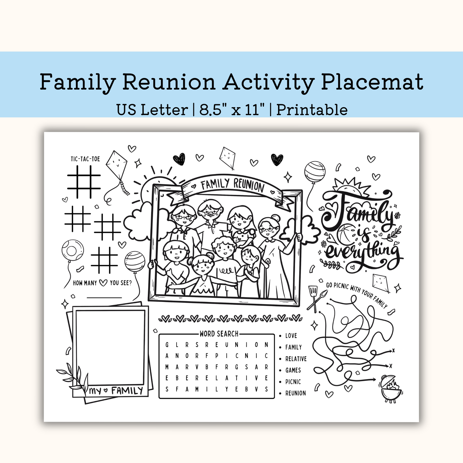 Printable family reunion activity placemat