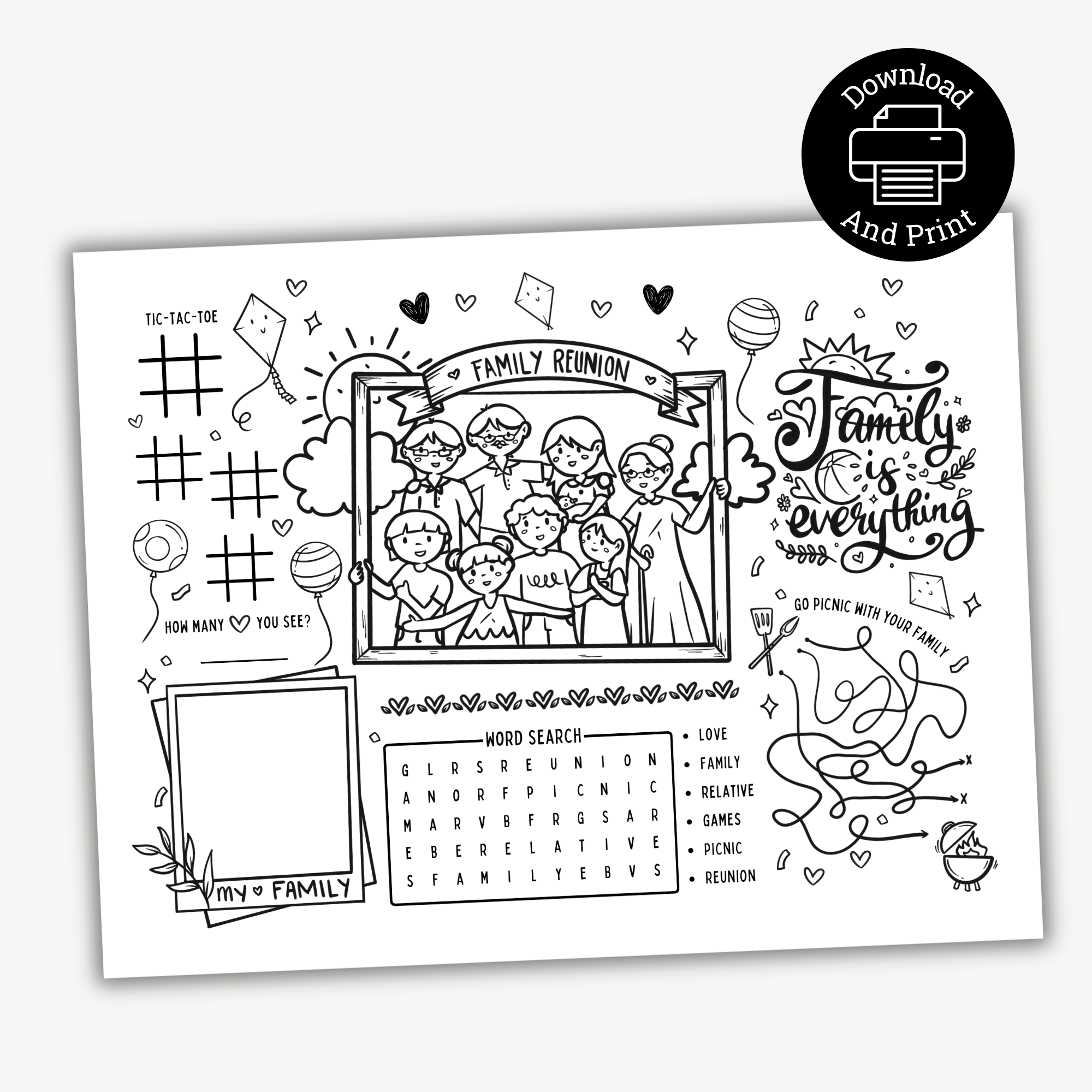 Printable family reunion activity placemat