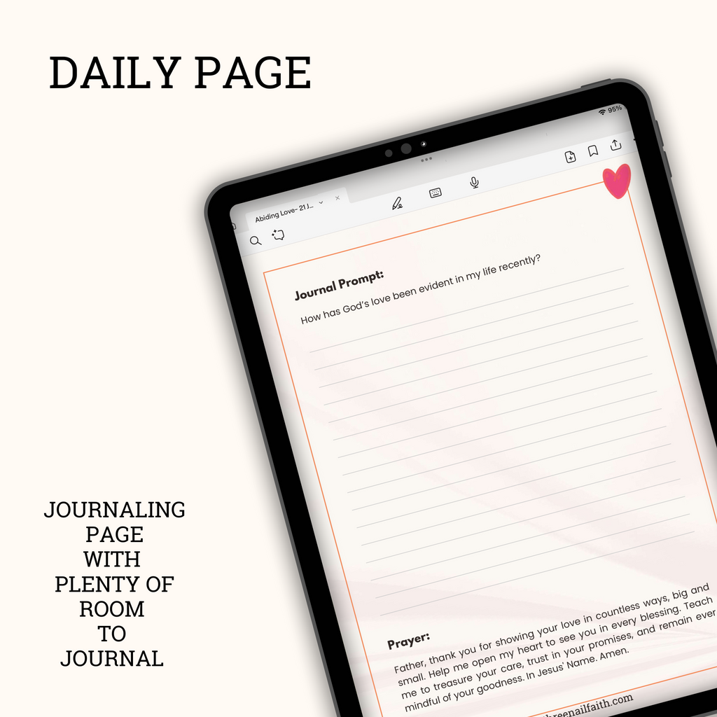 each day has a journal prompt, room to journal and a prayer 