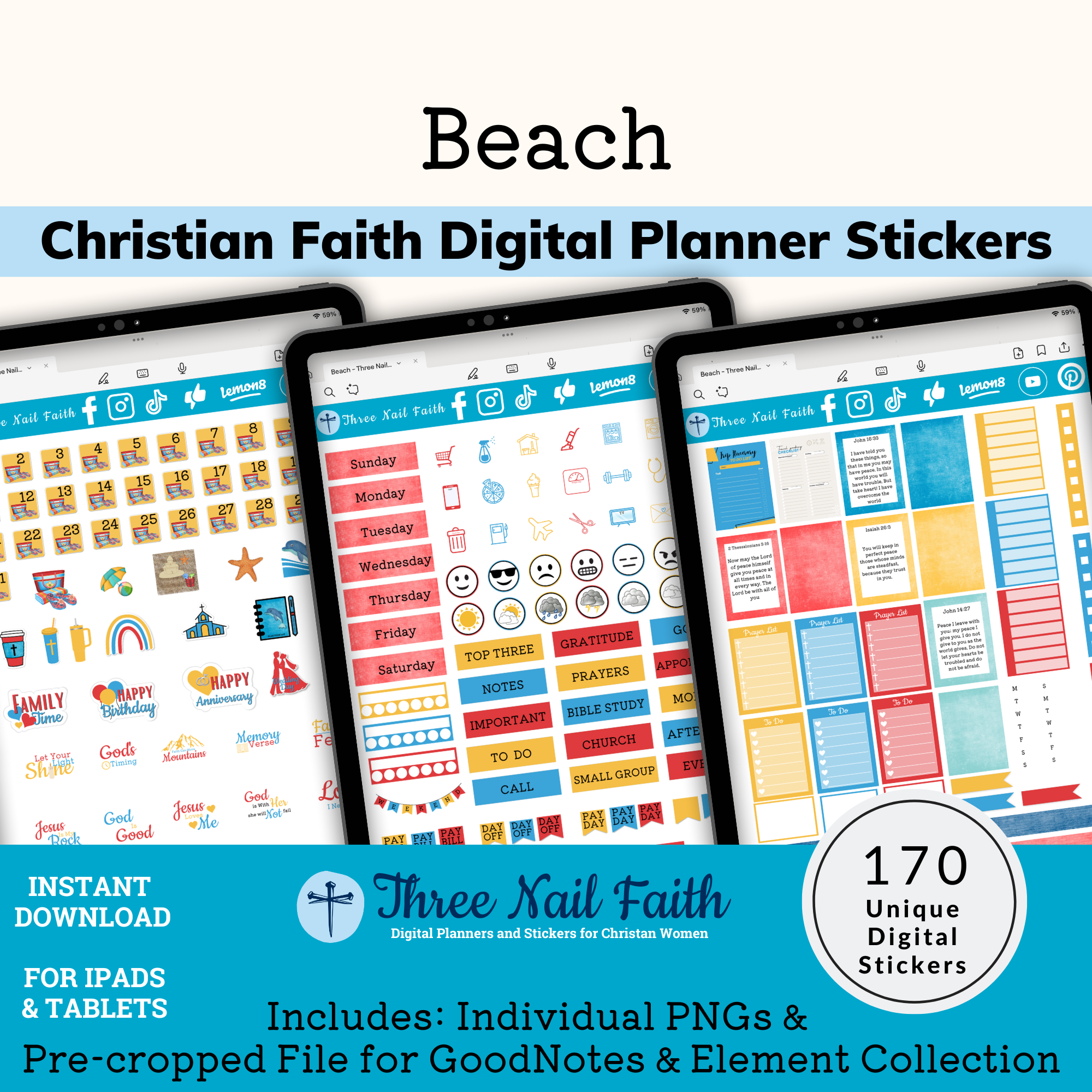 Beach theme Digital sticker kit with 170 digital stickers these stickers can be used on goodnotes or other annotation apps. Sticker kit comes with goodnotes file, goodnotes elecments file, and individual PNGs