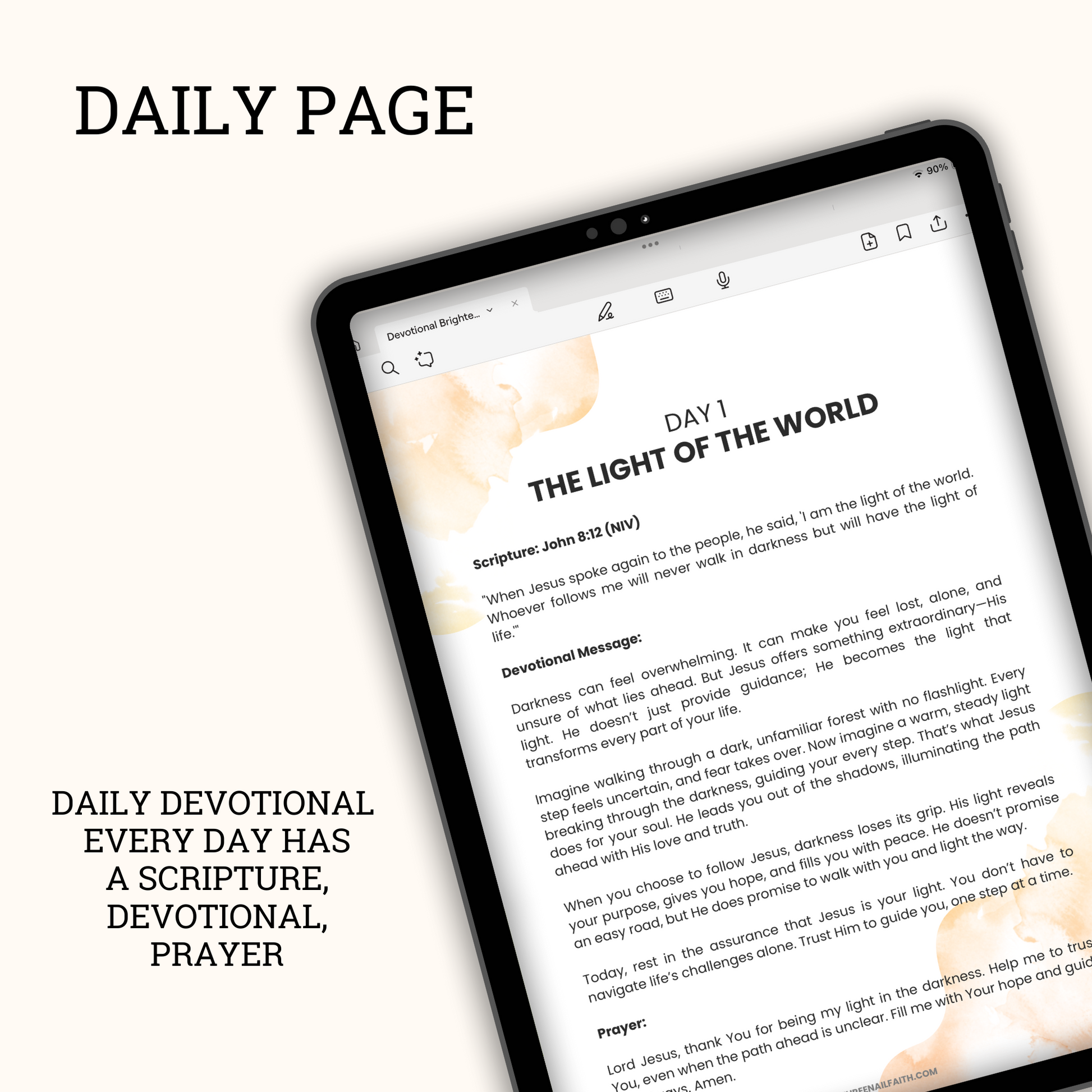 Each days devotional has a scripture, devotional and prayer 