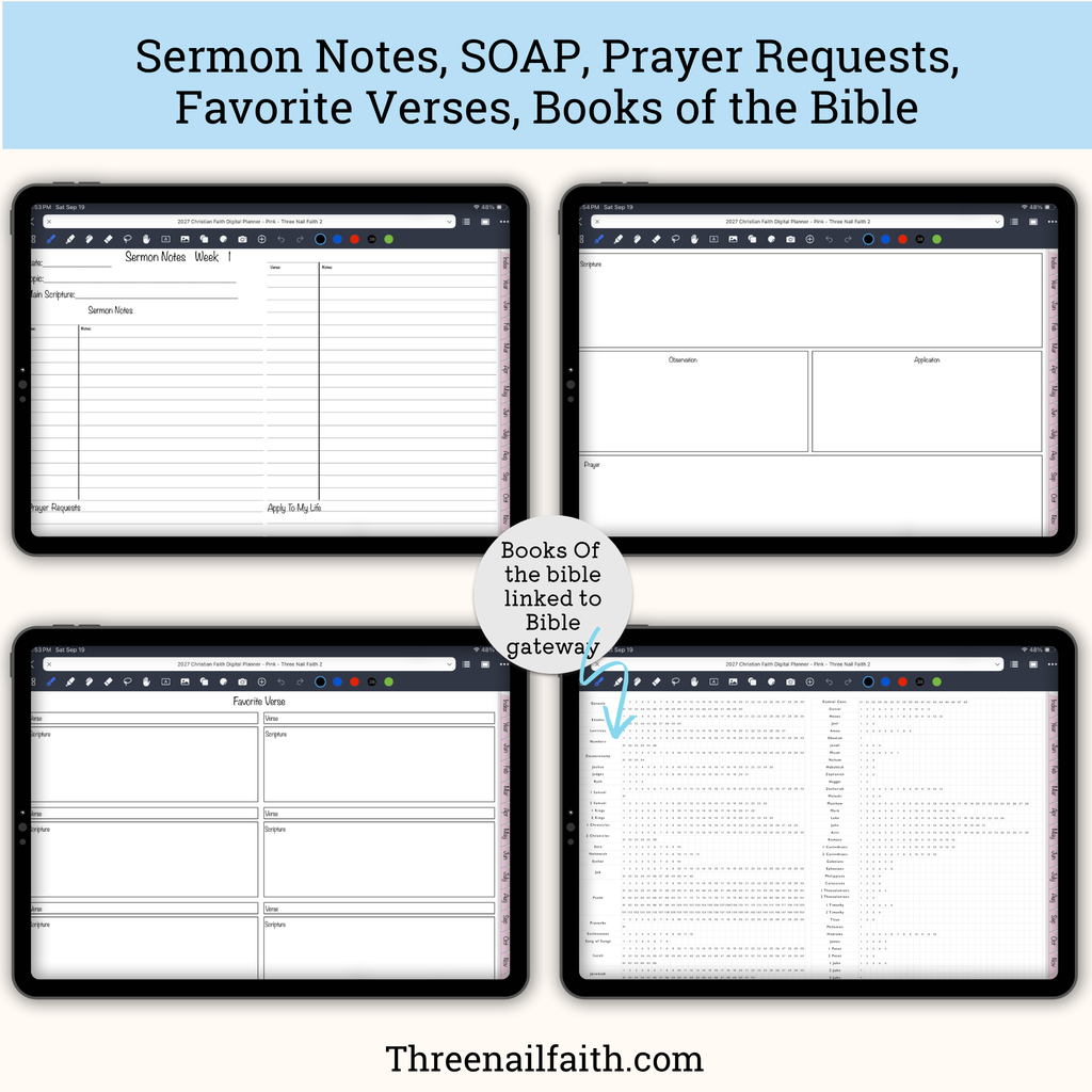 Promotional graphic showing four tablet screens with printable sermon note and prayer request templates, plus a central badge reading 'Books of the bible linked to Bible gateway.' Large text at the top says it includes sermon notes, SOAP, prayer requests, favorite verses, and books of the Bible.