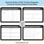 Promotional graphic showing four tablet screens with printable sermon note and prayer request templates, plus a central badge reading 'Books of the bible linked to Bible gateway.' Large text at the top says it includes sermon notes, SOAP, prayer requests, favorite verses, and books of the Bible.