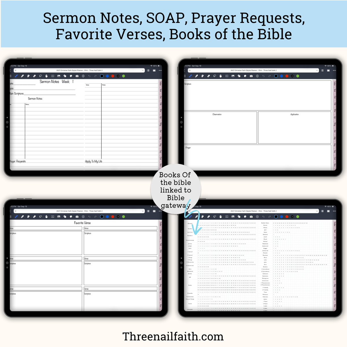 Promotional graphic showing four tablet screens with printable sermon note and prayer request templates, plus a central badge reading 'Books of the bible linked to Bible gateway.' Large text at the top says it includes sermon notes, SOAP, prayer requests, favorite verses, and books of the Bible.