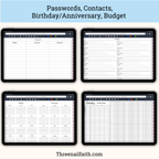 Four digital planner template screens displayed on tablet mockups, with the headline 'Passwords, Contacts, Birthday/Anniversary, Budget' at the top and 'Threenailfaith.com' at the bottom.