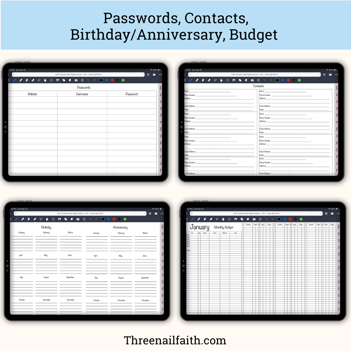 Four digital planner template screens displayed on tablet mockups, with the headline 'Passwords, Contacts, Birthday/Anniversary, Budget' at the top and 'Threenailfaith.com' at the bottom.