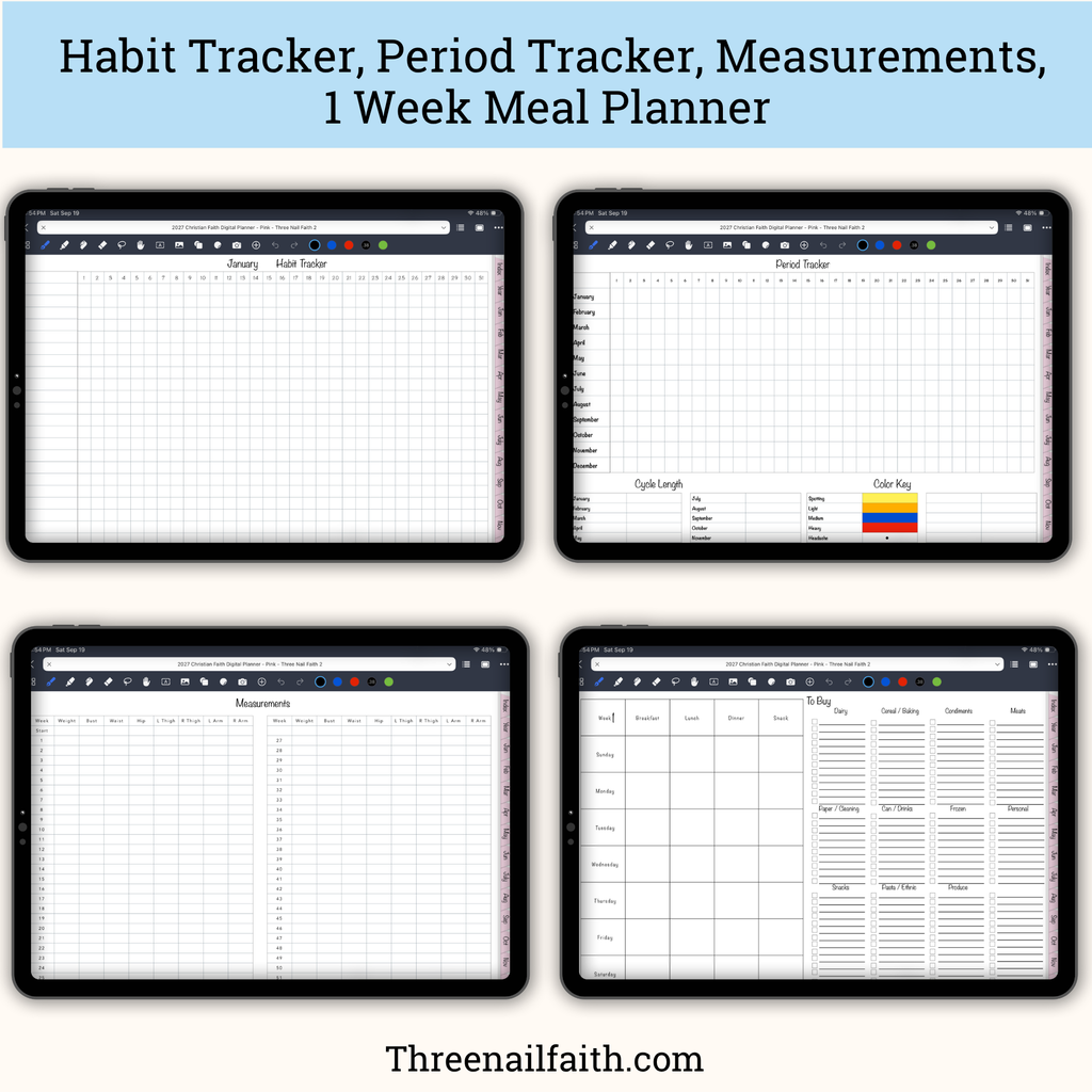 Four digital planner template screens displayed on tablet mockups, including habit tracker, period tracker, measurements, and a 1 week meal planner. Header text reads 'Habit Tracker, Period Tracker, Measurements, 1 Week Meal Planner' and the footer shows 'Threenailfaith.