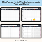 Four digital planner template screens displayed on tablet mockups, including habit tracker, period tracker, measurements, and a 1 week meal planner. Header text reads 'Habit Tracker, Period Tracker, Measurements, 1 Week Meal Planner' and the footer shows 'Threenailfaith.