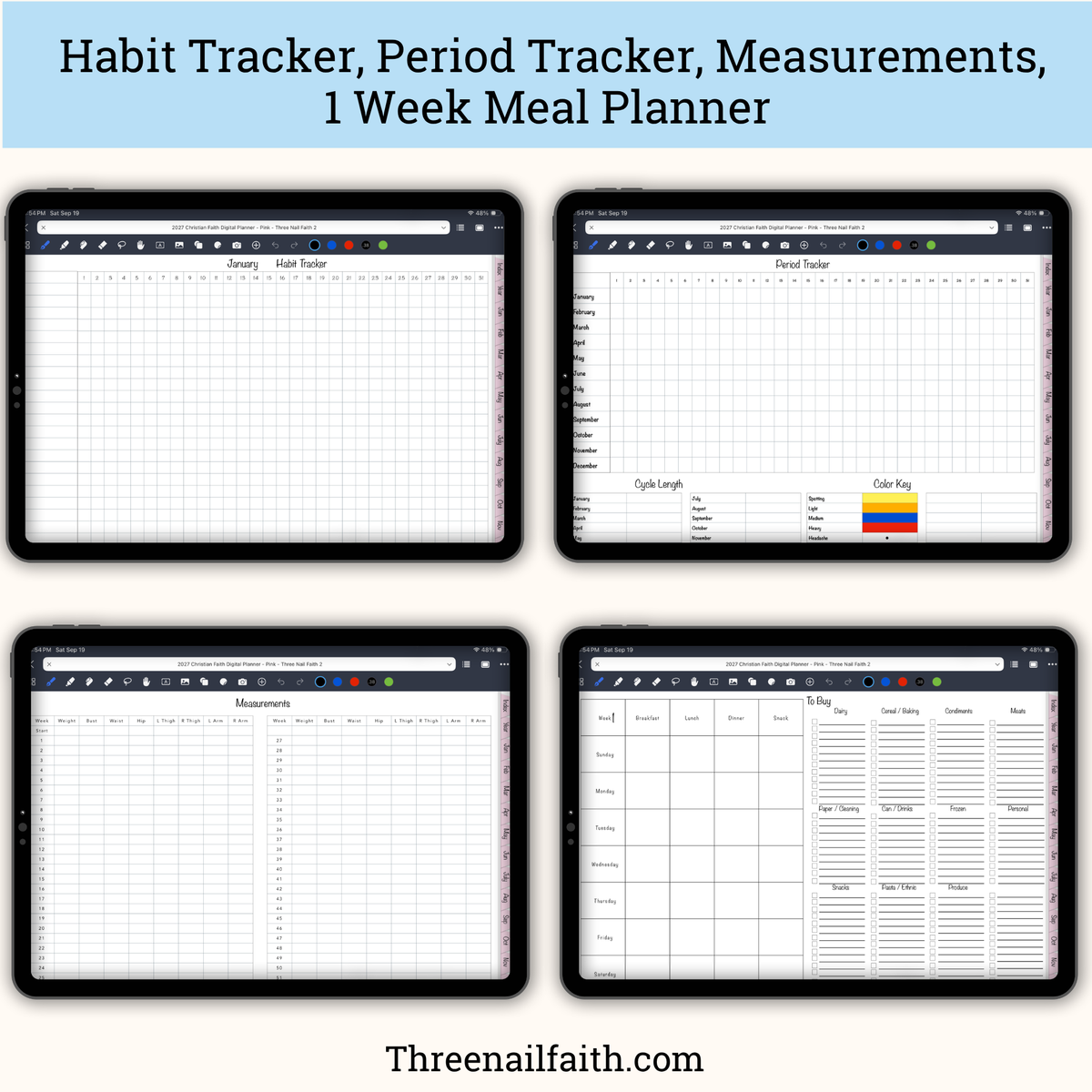 Four digital planner template screens displayed on tablet mockups, including habit tracker, period tracker, measurements, and a 1 week meal planner. Header text reads 'Habit Tracker, Period Tracker, Measurements, 1 Week Meal Planner' and the footer shows 'Threenailfaith.