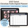 Digital product listing graphic for a 2027 Dated Christian Faith Digital Planner. The graphic shows two tablet mockups displaying planner pages: a floral patterned page on the left and a January calendar grid on the right.