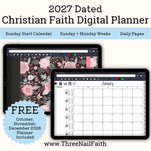 Digital product listing graphic for a 2027 Dated Christian Faith Digital Planner. The graphic shows two tablet mockups displaying planner pages: a floral patterned page on the left and a January calendar grid on the right.
