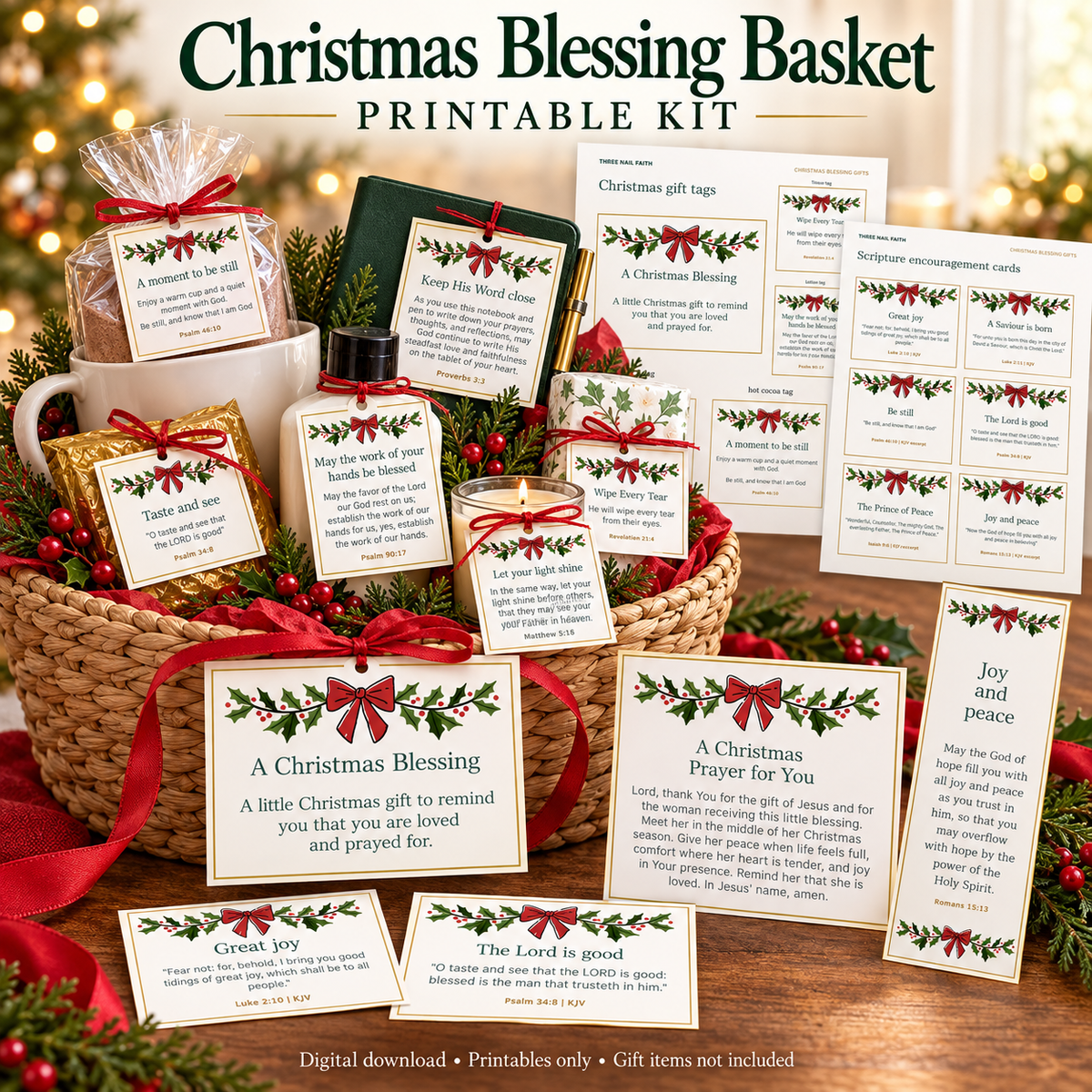 Christmas Blessing Basket Printable Kit displayed as a gift basket arrangement with printed cards, tags, and small gift items, shown on a wooden surface with holiday lights in the background. Nothing is shipped to you this is a PDF file that you print and cut out to make the fgift
